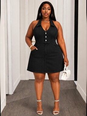 Black Stretch Denim Halterneck Plus Mini Dress